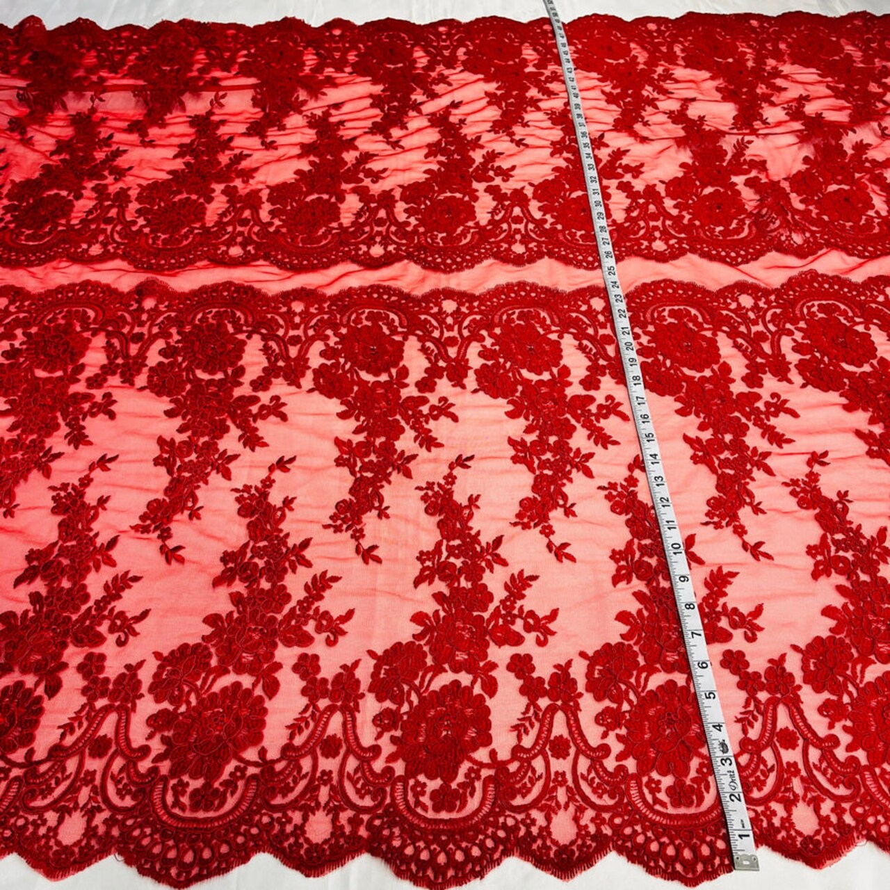1 Yard Corded Bridal Lace Fabric Embroidered on Polyester Net Mesh 50 Inches Width